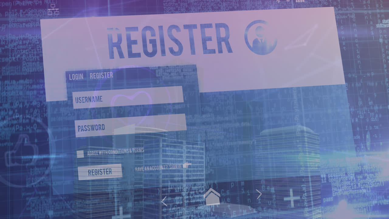 animación de la tarjeta de registro, iconos y procesamiento de datos sobre el paisaje urbano