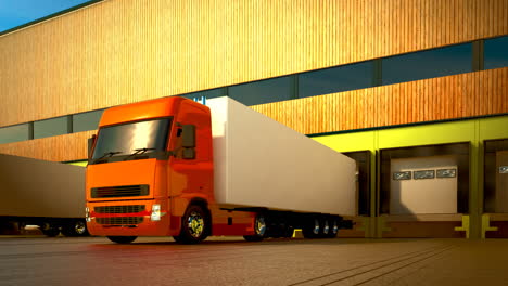 camion con semirimorchi in fila di fronte a un magazzino. trasporto di carico pesante da siti commerciali aziendali. trasporto logistico di merci nell'industria in un ciclo senza fine e senza interruzioni.