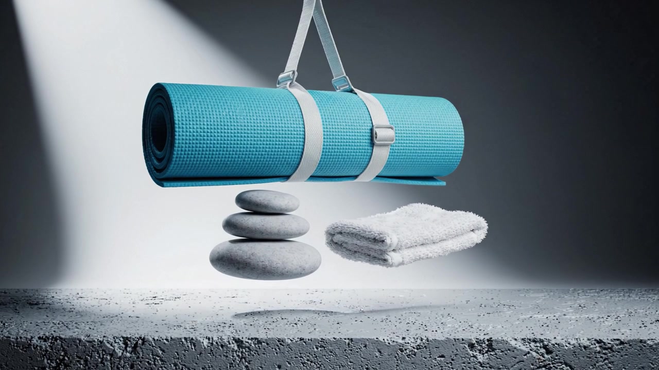 A Calming Yoga Setup Featuring a Striking Blue Mat, Smooth Stones, and a Soft Towel, Perfect for Wellness and Mindfulness Practices in a Serene Context