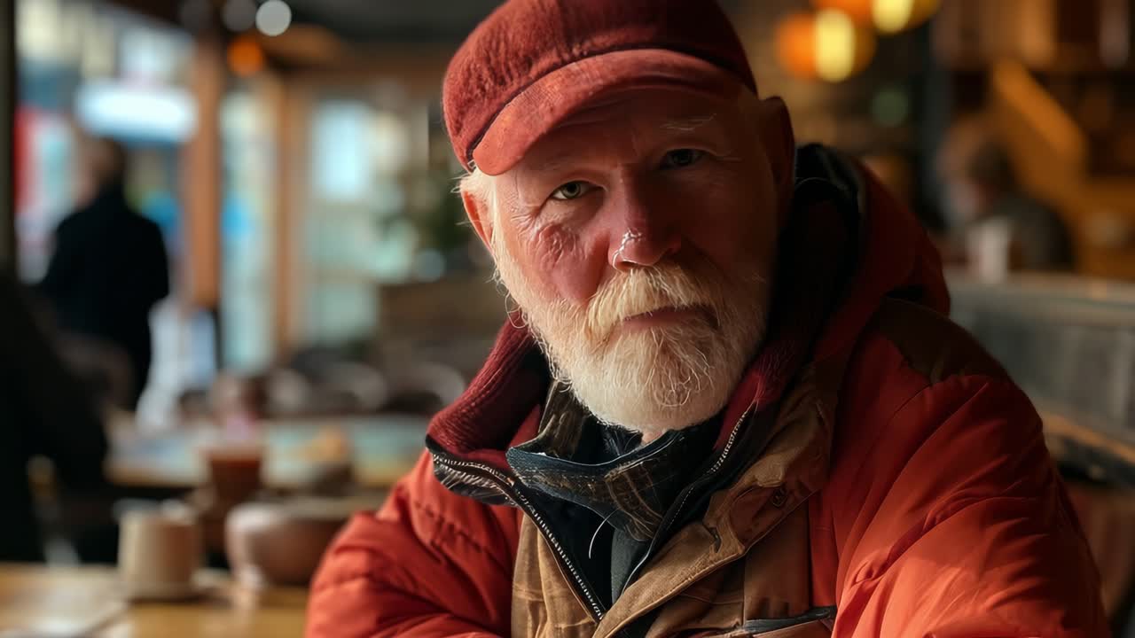 Portrait of a bearded senior man wearing an orange cap and jacket, sitting comfortably at a cafe table, savoring a peaceful moment of relaxation amidst the winter chill