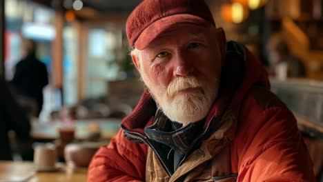 portrait of a bearded senior man wearing an orange cap and jacket, sitting comfortably at a cafe table, savoring a peaceful moment of relaxation amidst the winter chill