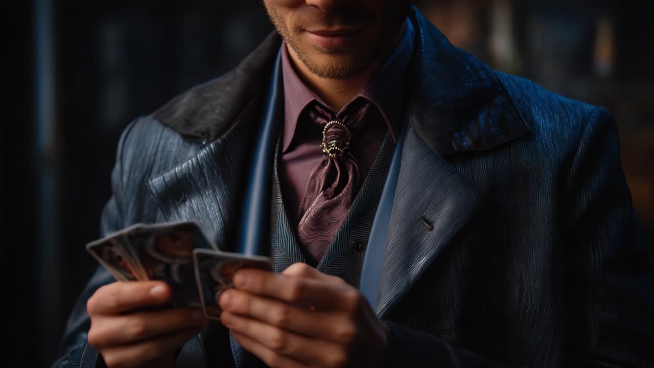 A Mysterious Gambler in a Dark Alley: Capturing the Intrigue of Card Games and Secrets in Two Frames of Determined Focus and Strategy