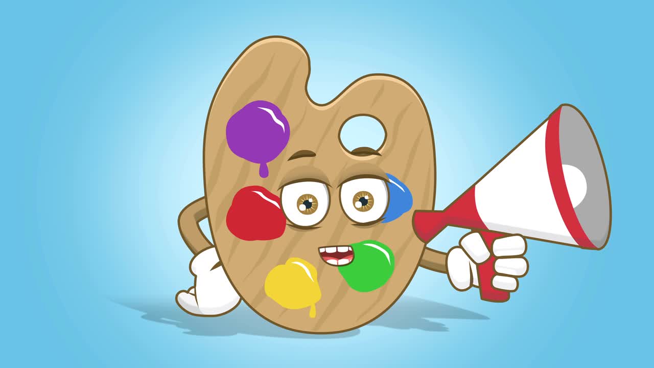 Cartoon Artist Color Palette Speaker with Megaphone with Face Animation Alpha Matte