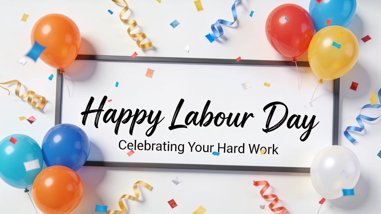 Falling confetti and balloons, ribbons animating studio sign saying Happy Labour Day honoring work