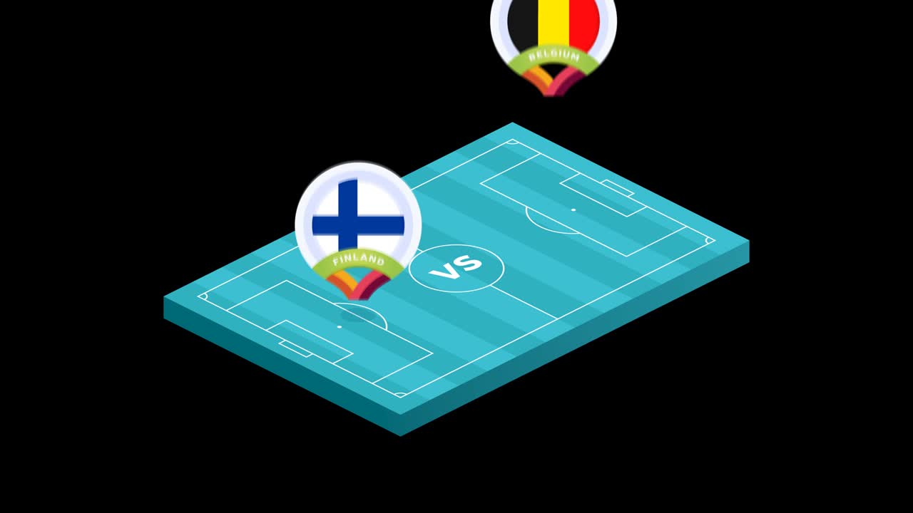 finlandia vs bélgica partido fútbol isométrico campo video animación. fútbol 2020 partido de campeonato contra equipos intro deporte alfa matte fondo, competencia animación en alta definición