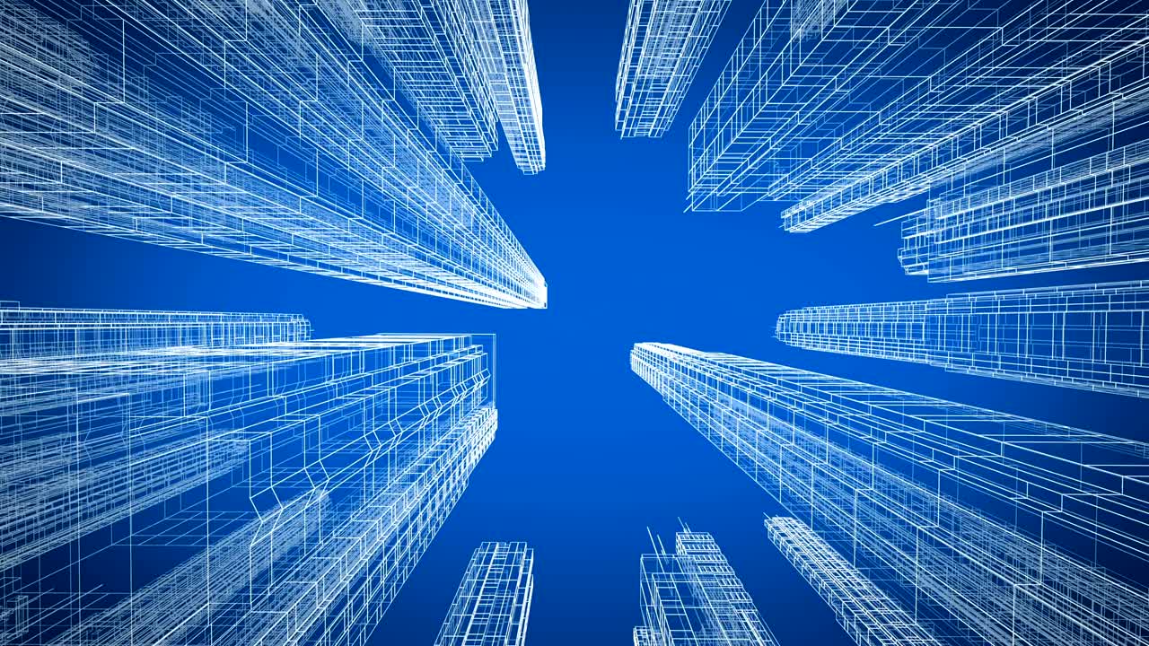 Moving Through the Beautiful Modern City Digital 3d Blueprint Up View. Construction and Technology Concept. Blue Color 3d Animation Looped. 4k UHD 3840x2160.