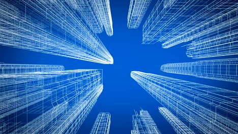 moving through the beautiful modern city digital 3d blueprint up view. construction and technology concept. blue color 3d animation looped. 4k uhd 3840x2160.