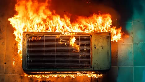 a burning air conditioner sitting on top of a tiled floor