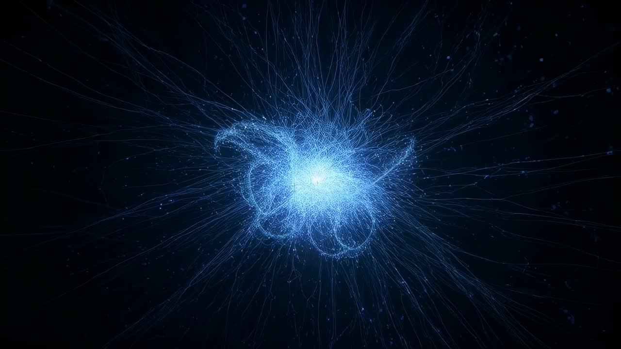 Condensing blue core folding loops and sending sparks, strands into black void after pulse