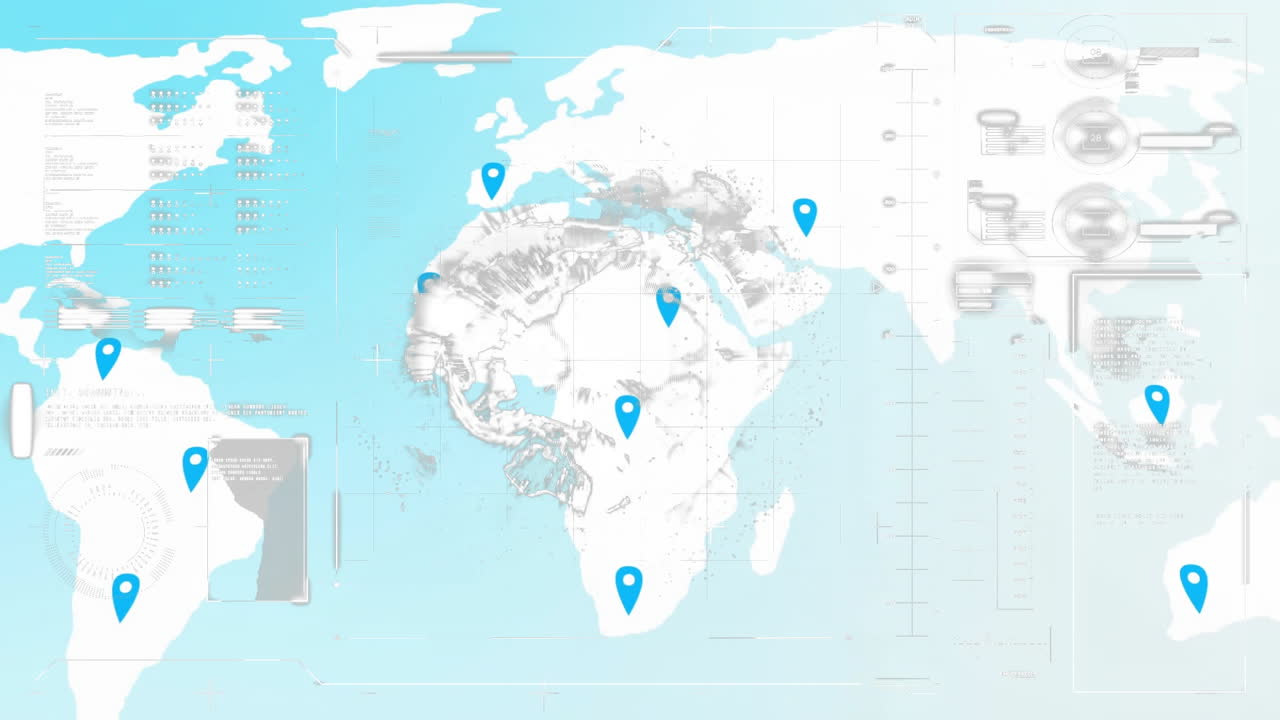 Animation of digital interface with blue location markers on world map