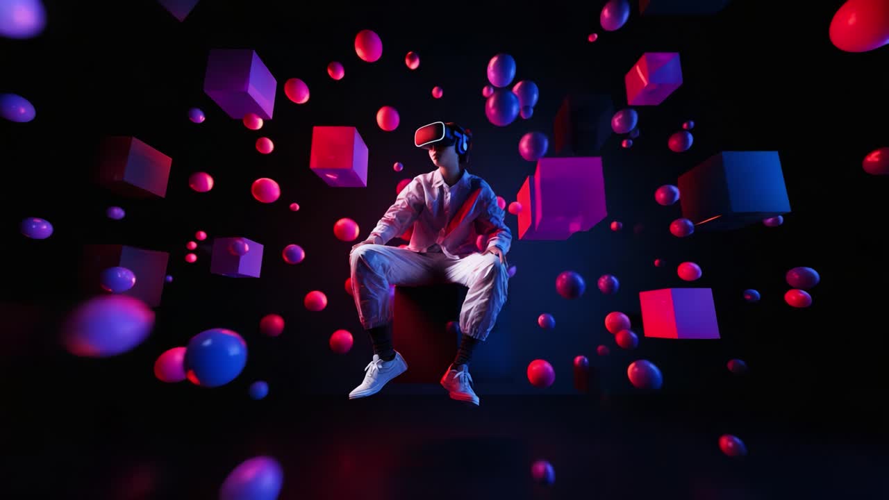 An immersive experience unfolds as an individual in virtual reality gear floats through a vibrant digital landscape filled with colorful spheres and geometric shapes, showcasing advanced technology