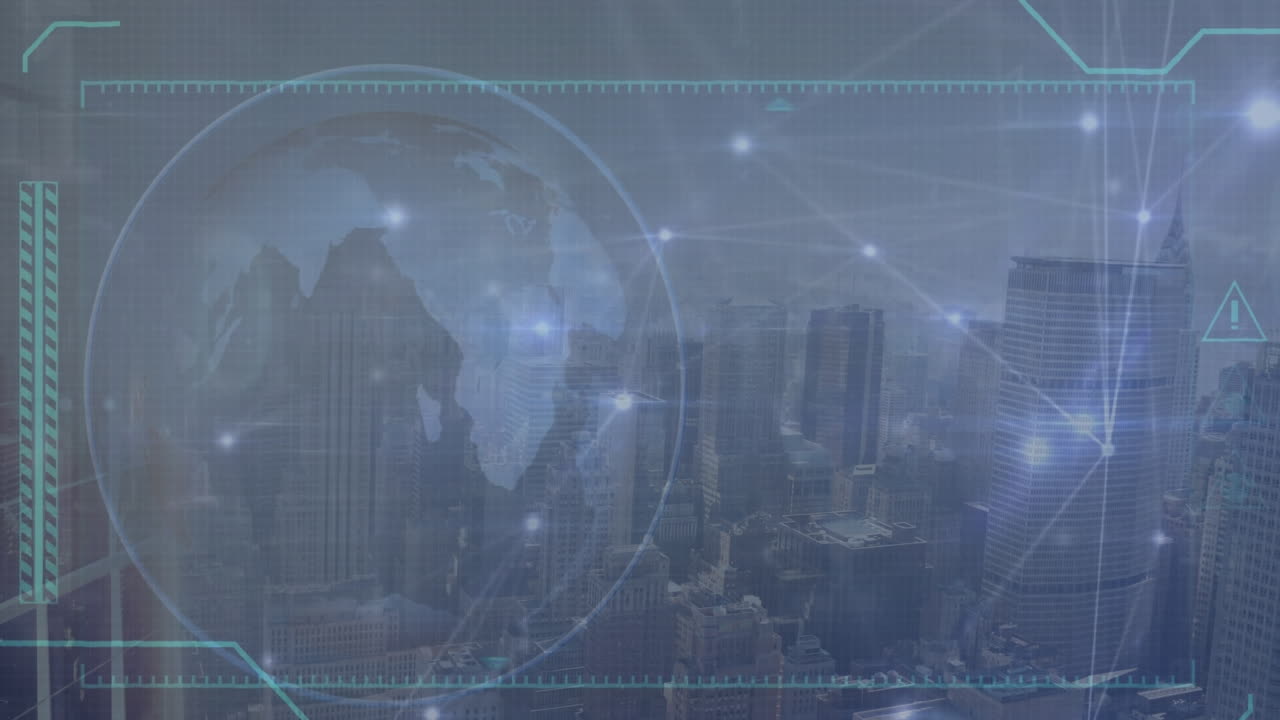 연결된 점과 회전하는 지구와 렌즈 플레어가 배경에 있는 도시 위에 있는 애니메이션