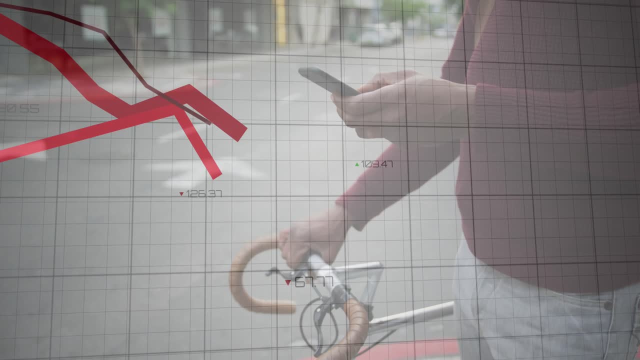 스마트폰을 사용하는 아프리카계 미국인 남성 위에 빨간 선으로 금융 데이터 처리의 애니메이션