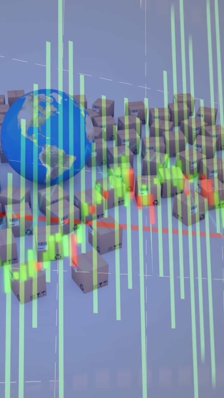 animación del procesamiento de estadísticas sobre globos y cajas de cartón