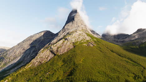 Close-aerial-view-of-obelisk-shaped-Stetind-mountain-in-Narvik,-arctic-Norway