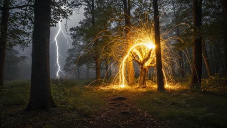 a mesmerizing display of nature's power, showcasing luminous sparks around a tree while lightning illuminates the foggy forest landscape at dusk