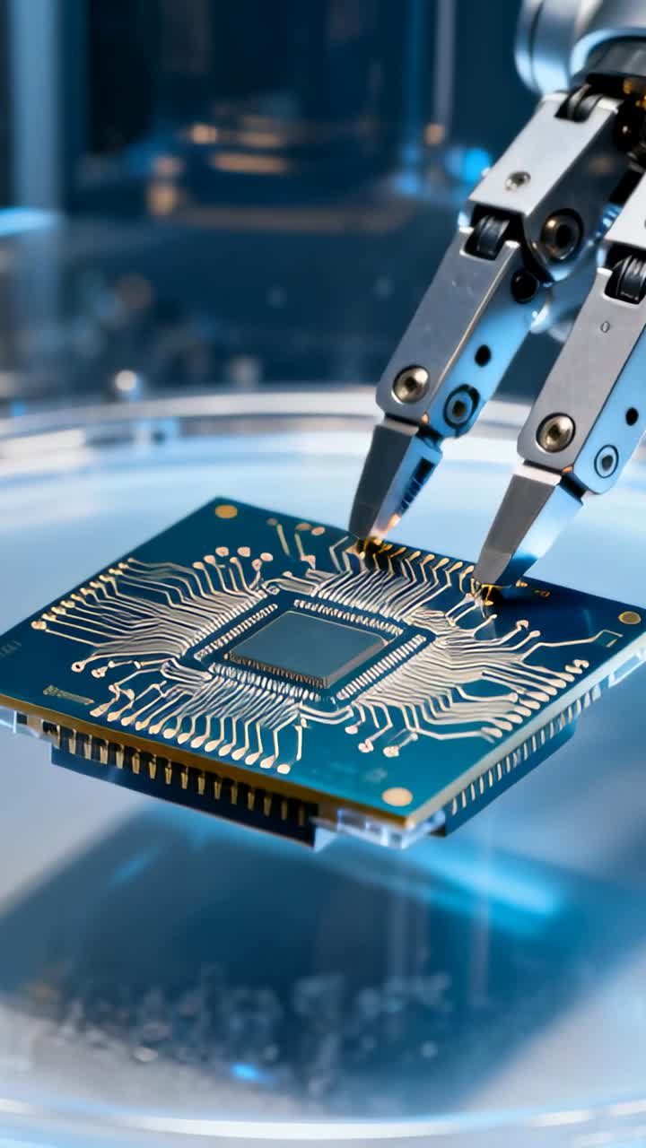 Video verticale: Seguendo un comando, una pinza robotica sonda i pad PCB su un palco, ritraendosi per il test.