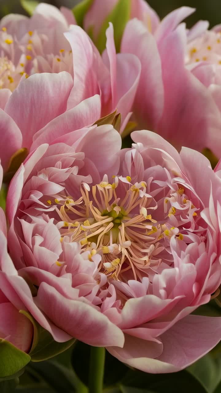 Video vertikal: Dimulai dengan close up yang melacak bunga peony merah muda yang mekar di studio, menampilkan benang sari