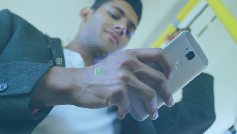 Animation of data processing over biracial businessman using smartphone