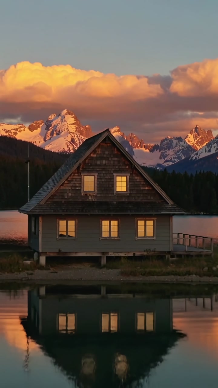 Vertical video: Camera pulling back revealing boathouse with lit windows and mirror lake for travel