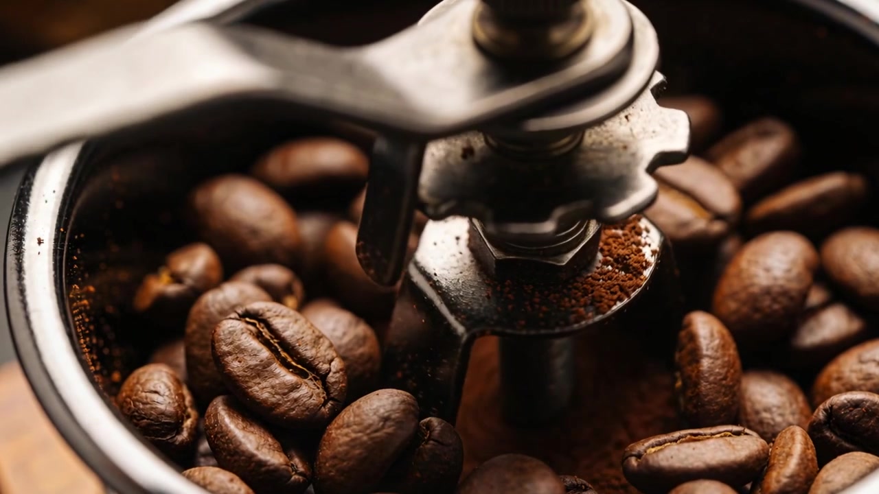 Drejer håndsvinget, manuel metalkværn maler hele bønner på et træbræt, laver friskkværnet kaffe.