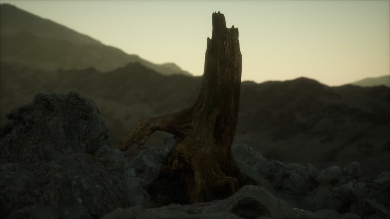 Pino morto su roccia granitica al tramonto