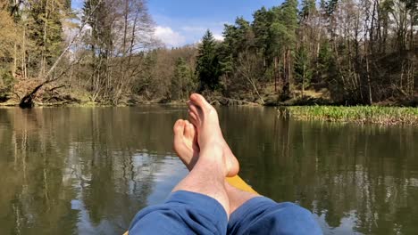 legs of a man on yellow kayak bow sailing along tranquil dark blue river water against the clear sky on summer day closeup