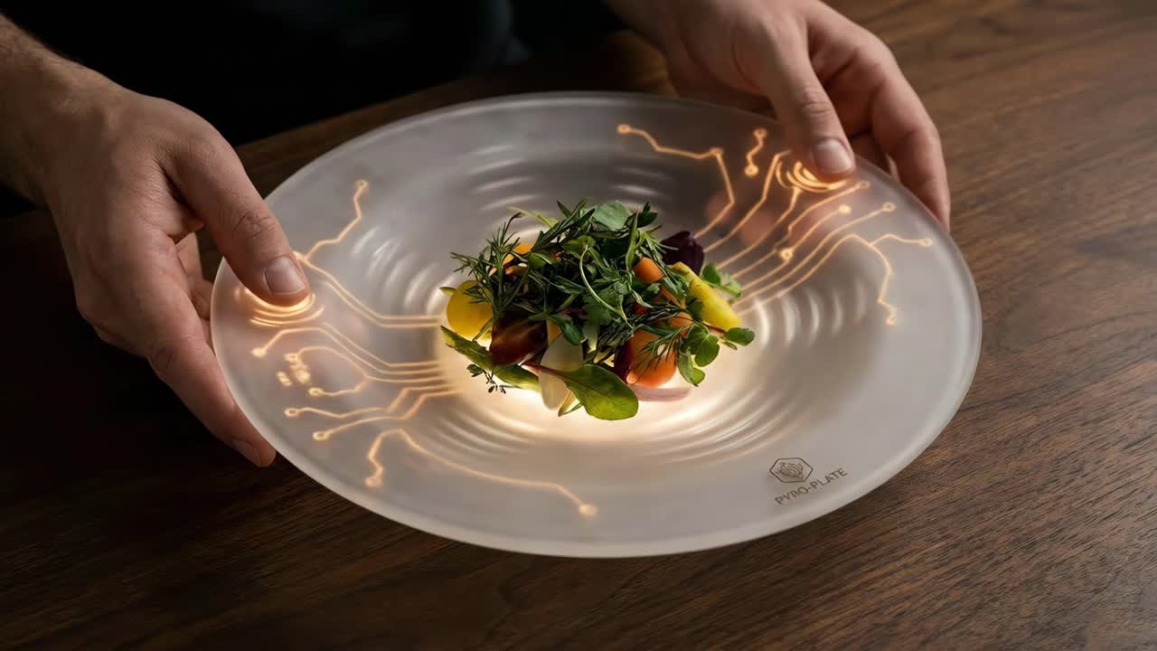 Presentazione innovativa di alimenti con piatto luminoso