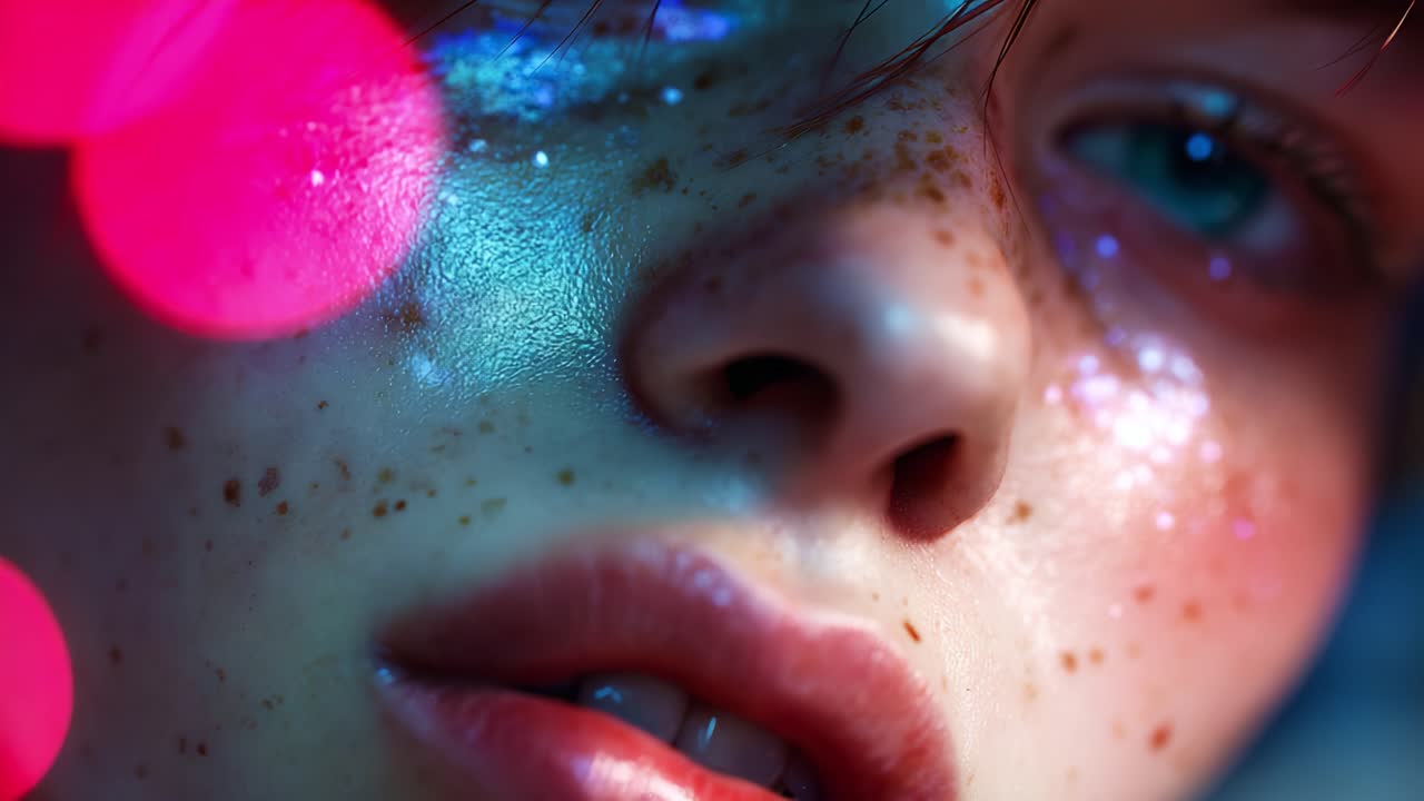 Captivating Close-up of a Person's Face with Glittering Highlights and Freckles, Radiating Emotion and Beauty Amidst Colorful Bokeh Effects and Soft Lighting
