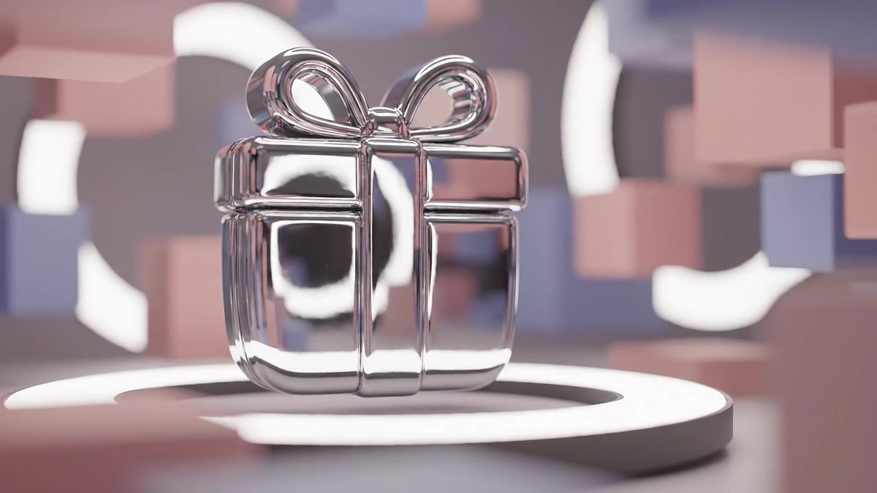 A Stunning 3D Rendering of a Shiny Gift Box Surrounded by Geometric Shapes and Soft Lighting in a Modern Digital Art Environment