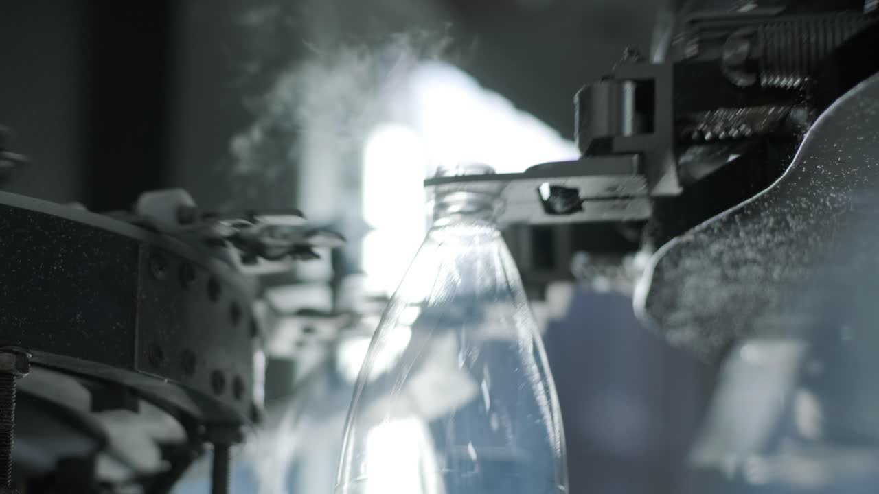 Automatic filling machine pours water into plastic PET bottles at modern beverage plant