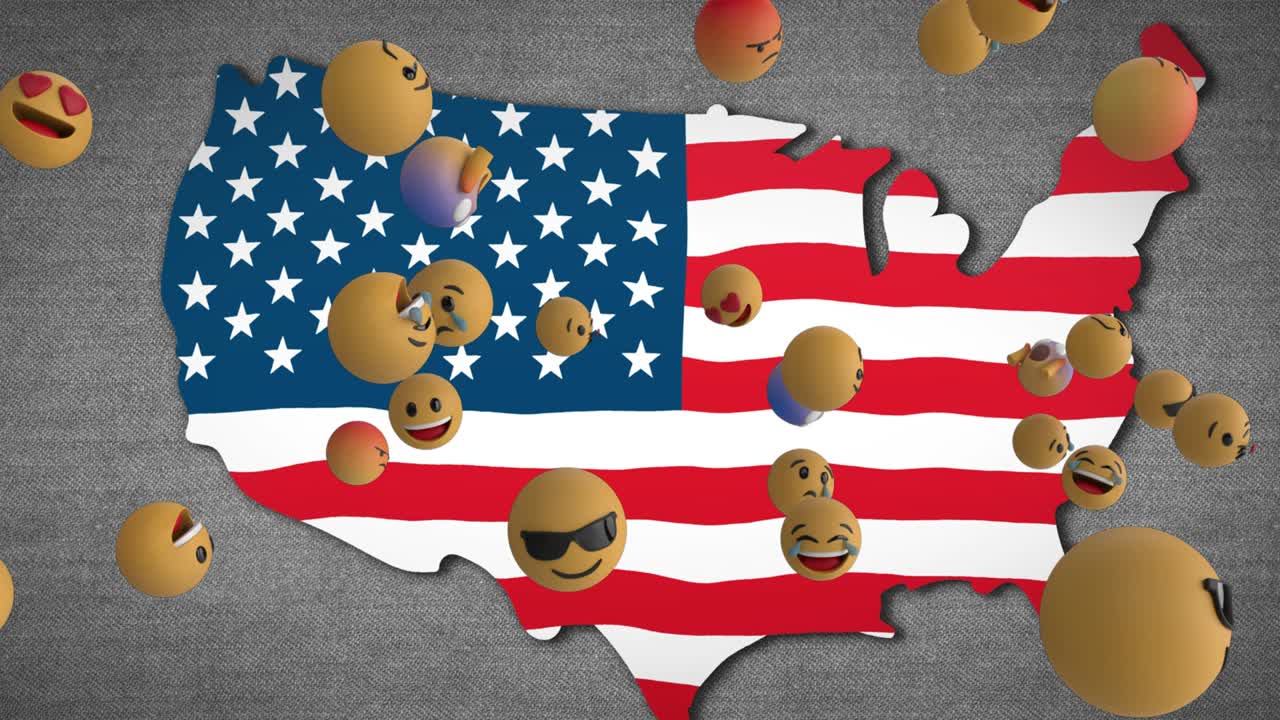 미국 국기와 함께 미국 지도 위를 날아다니는 이모티콘의 애니메이션