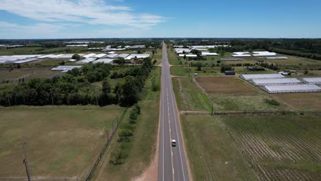 drone flying over a road with lots of plantations and green areas around, harsh and contrasting light