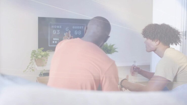 Right man gesturing remote speaking left man pointing stats streaks crossing frame analyzing sports