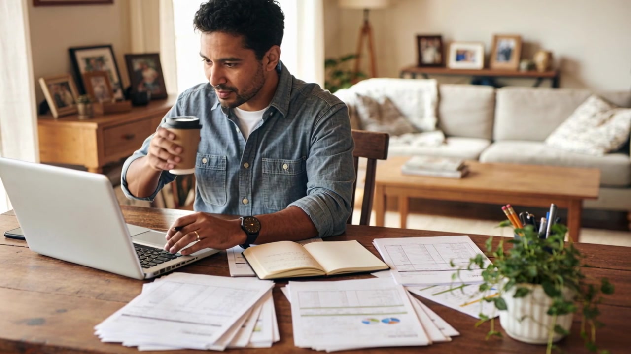 Uomo che si appoggia con una camicia di jeans che digita al laptop nella sua postazione di lavoro domestica, scrivendo su un quaderno e sorseggiando caffè.