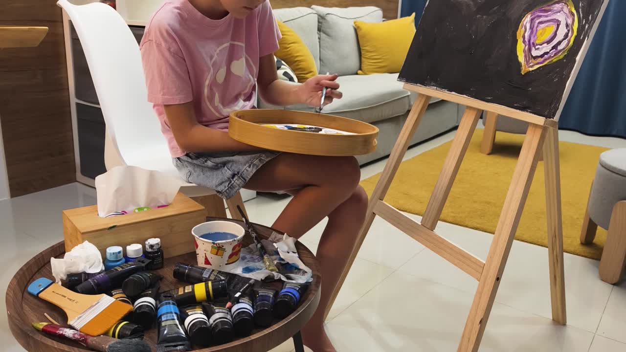 Child painting art on easel