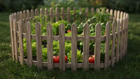 a vibrant vegetable garden surrounded by a wooden fence showcasing lush greens and bright red tomatoes in a quaint circular arrangement on a sunny day