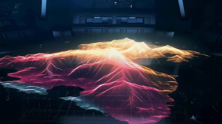 A luminous orange and pink light form spans the center of a dark futuristic scene, with flowing strands, layered motion, and cool blue highlights below