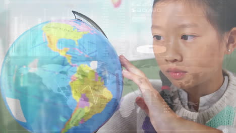 animation of data processing over schoolgirl looking at globe in class