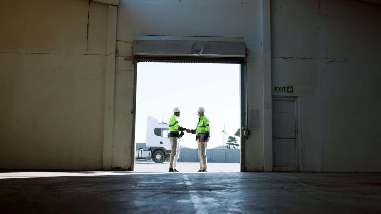 Two warehouse workers shaking hands at loading bay