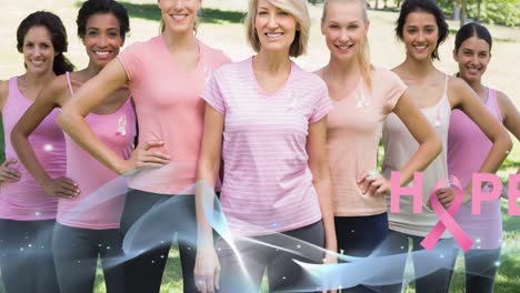 animation of pink ribbon logo with hope text and blue wave over diverse group of smiling women