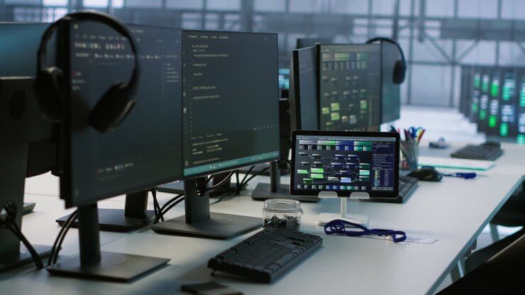 Moderne kantoorwerkplek met computers en technologie