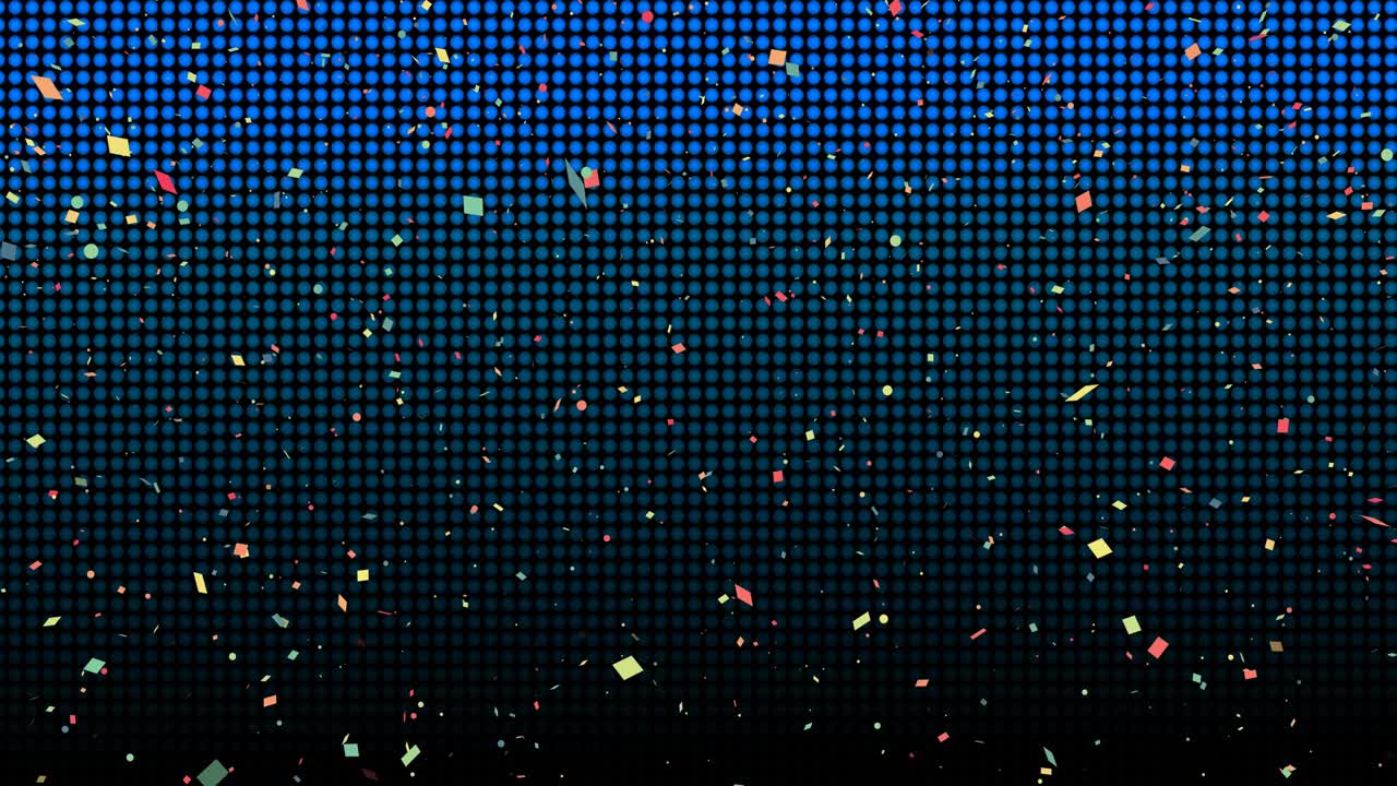 파란색 배경에 그라디엔트 점 위에 떨어지는 콘페티의 애니메이션