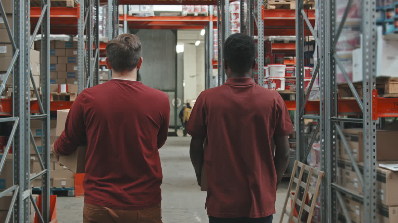 Rear View of Coworkers Carrying Boxes in Warehouse