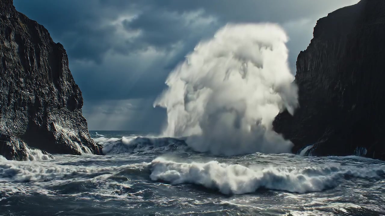 Vagues de tempête spectaculaires s'écrasant contre d'imposantes falaises côtières sombres