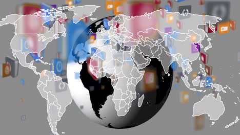 animación del globo, el mapa del mundo, el reloj y los iconos técnicos sobre fondo gris