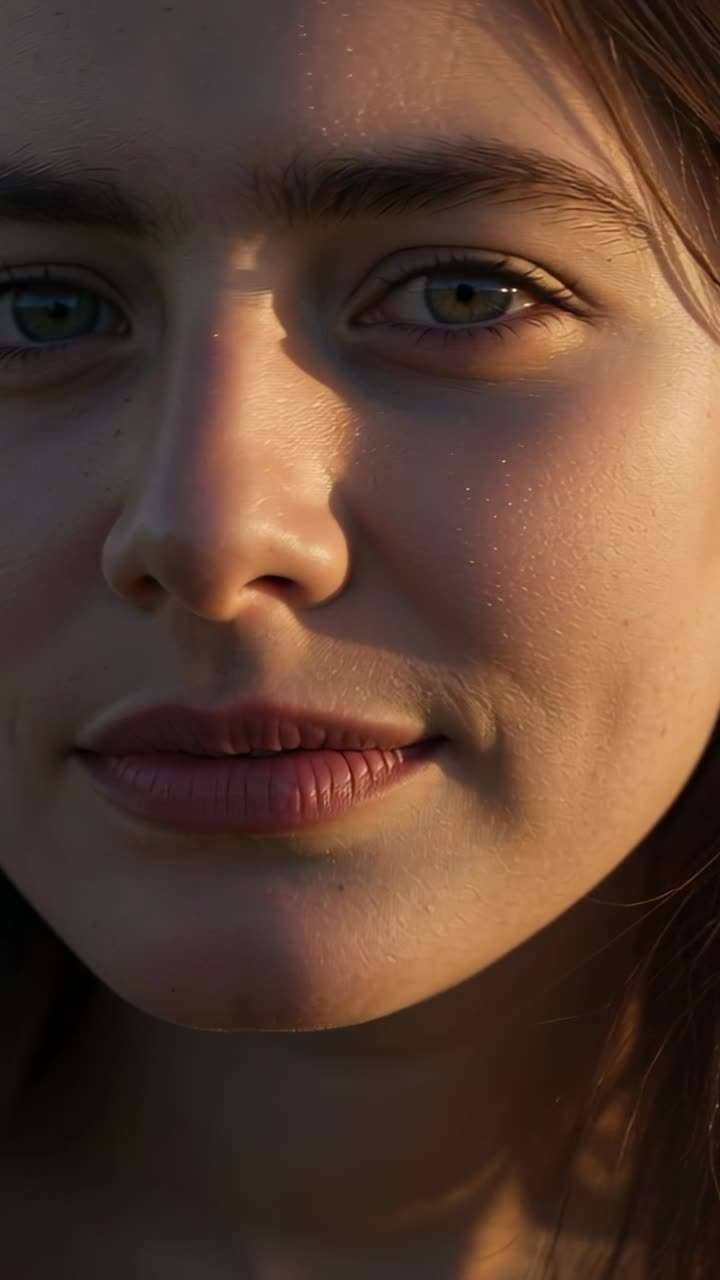 Donna che sposta lo sguardo, girando la testa mentre la telecamera si allontana, rivelando un ritratto con luce animata.