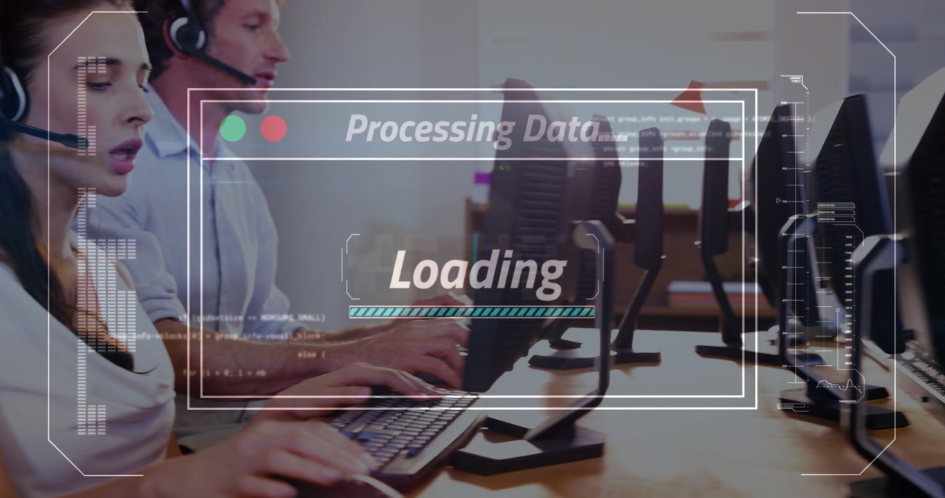 Support agents typing into headset, starting 'Processing' loading overlay while camera pulling back