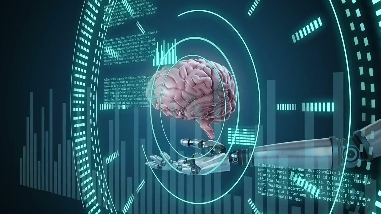 Teal rings pulsing, robotic hand reaching, brain hologram appearing, rings scanning for diagnostics