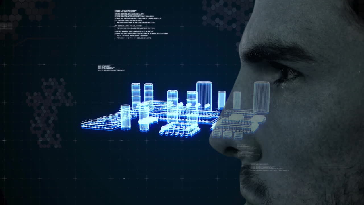 Digital cityscape and data processing animation over close-up of man''s face